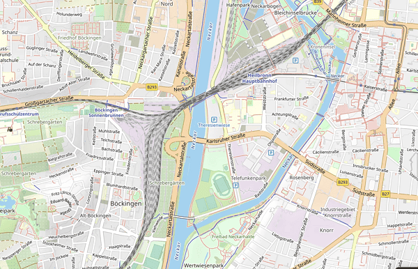 Bahnhof Heilbronn Hauptbahnhof, zentrale Verkehrsanbindung, im Stadtplan sichtbar.