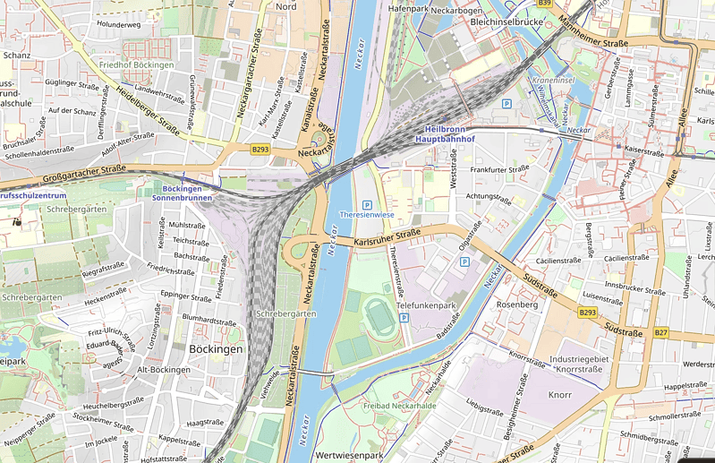 Bahnhof Heilbronn Hauptbahnhof, zentrale Verkehrsanbindung, im Stadtplan sichtbar.